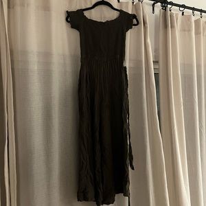 Dark olive green off the shoulder jumpsuit.